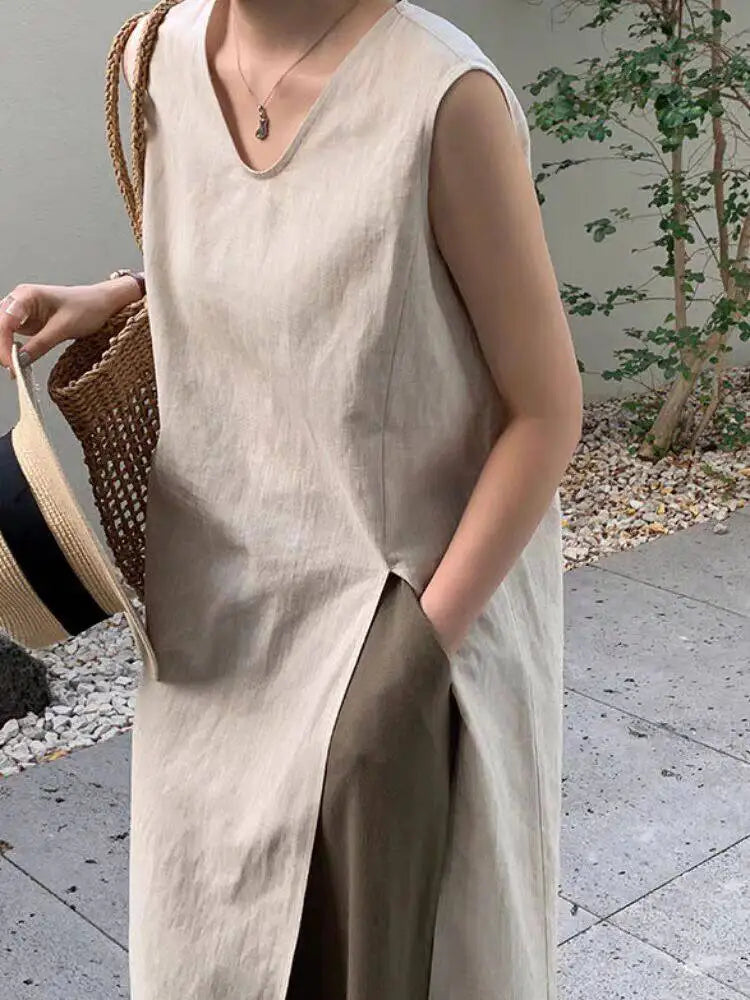 Simple Style Mid-Length V-Neck Women's Dress Knee-Covering Summer Cotton Linen A-Line Skirt Casual City Walk Dress