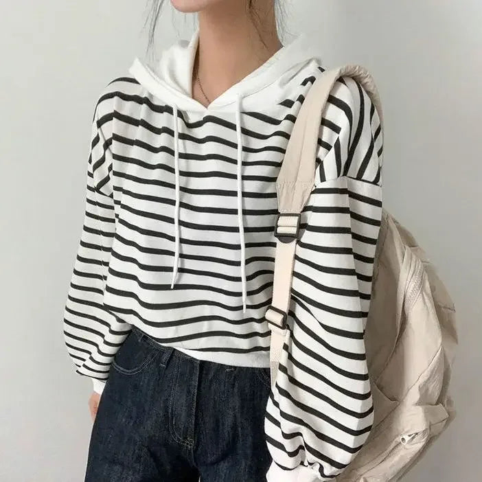 Striped Autumn and Winter Women's Hooded Sweatshirts Thick Hoodies Warm Cold Novelty Korean Clothing Designer Fashion Female Top