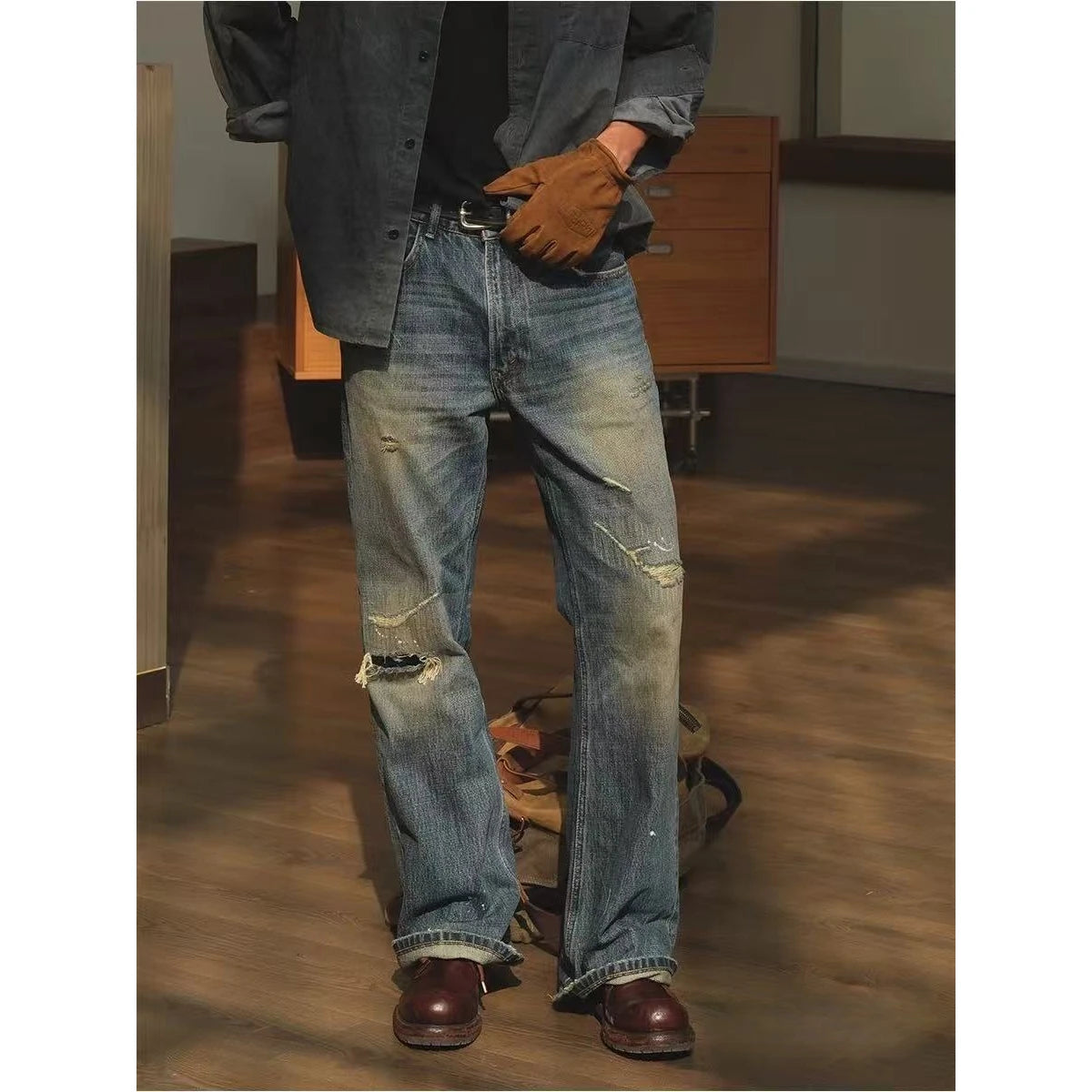Men's Jeans Distressed Ripped Torn Faded Ombre Wash Straight Leg Non Stretch Long Men's Pants Streetwear Fashionable Trendy