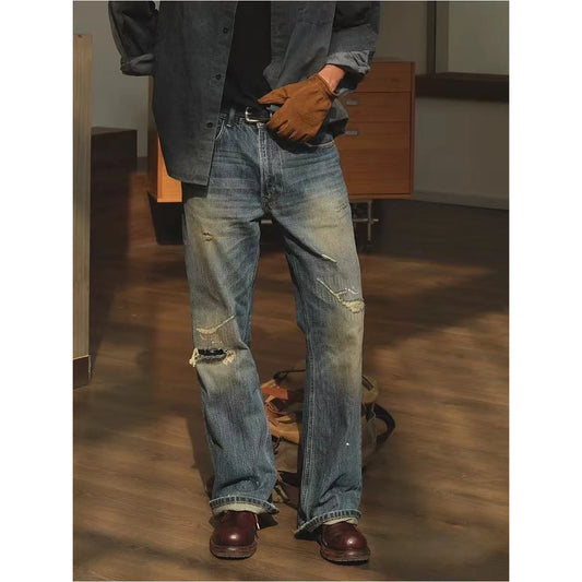 Men's Jeans Distressed Ripped Torn Faded Ombre Wash Straight Leg Non Stretch Long Men's Pants Streetwear Fashionable Trendy