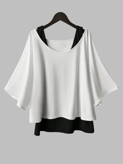 Plus Size Women's Batwing Sleeve Tops Loose Fit Layered Look Blouse with Built-in Inner Tank