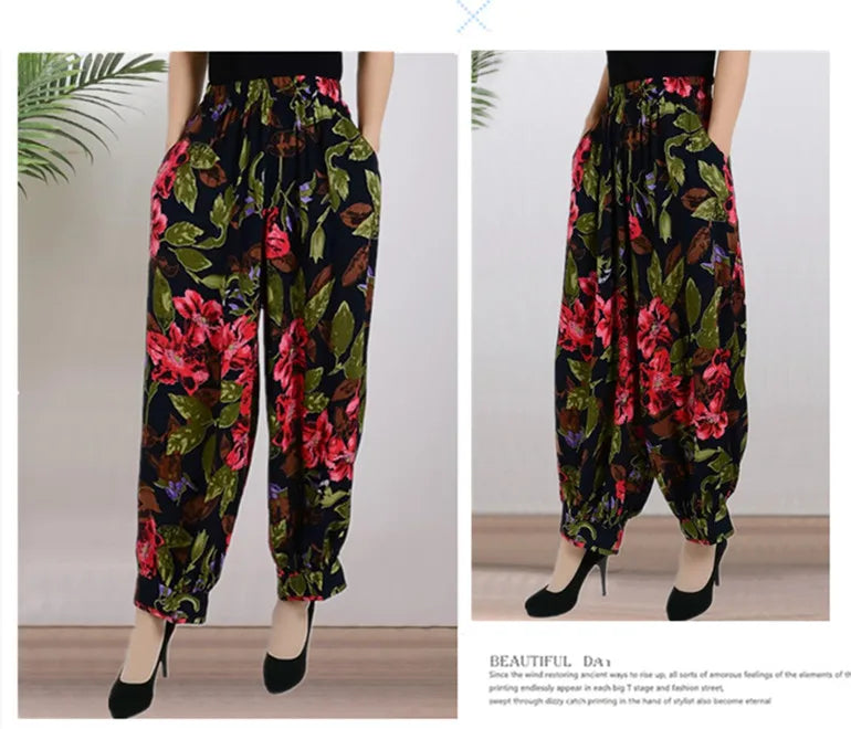 High Waist Lantern Pants Casual Cotton Silk Large Size Printed Long Trousers for Middle-Aged And Elderly Women