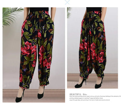 High Waist Lantern Pants Casual Cotton Silk Large Size Printed Long Trousers for Middle-Aged And Elderly Women