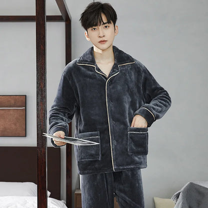 2025 New Couple Sleepwear Men's Autumn Winter Stand Collar Zipper Thick Long Sleeve Coral Fleece Home Clothes Men's Pyjamas