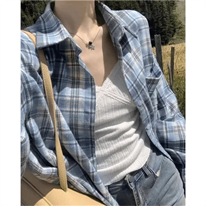 Retro Loose Lazy Plaid Shirt Women Early Autumn New Korean Version Casual Simple Long Sleeve Outer Commute Small Shirt