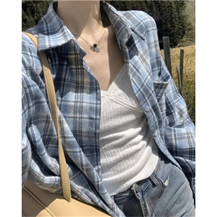 Retro Loose Lazy Plaid Shirt Women Early Autumn New Korean Version Casual Simple Long Sleeve Outer Commute Small Shirt