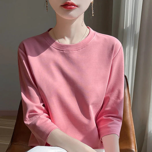 Summer Cotton Short-Sleeved T-Shirt Women's Round Neck Seven-Point Sleeves Loose Mercerized Cotton Half-Sleeve Shirt New T-shirt