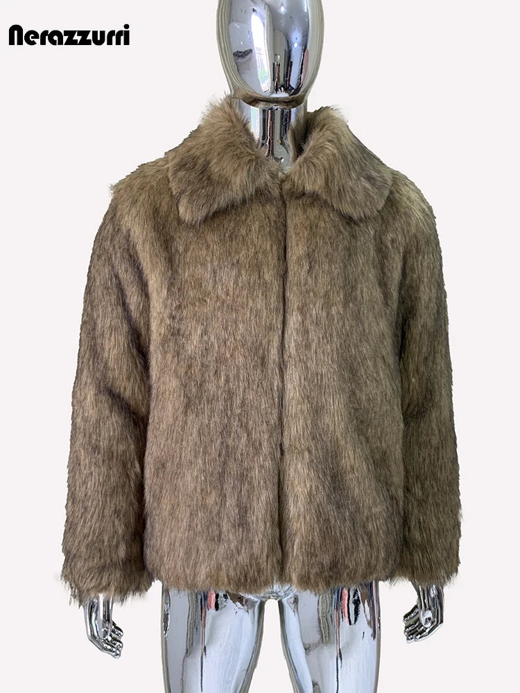 Nerazzurri Winter Short Thickened Warm Soft Hairy Shaggy Fluffy Faux Fox Fur Coat Men Long Sleeve Turn-down Collar Fluffy Jacket