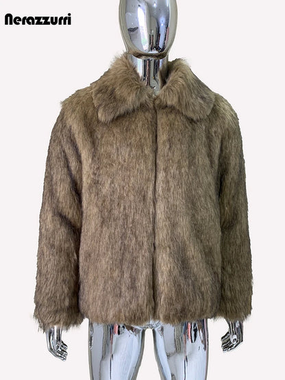 Nerazzurri Winter Short Thickened Warm Soft Hairy Shaggy Fluffy Faux Fox Fur Coat Men Long Sleeve Turn-down Collar Fluffy Jacket