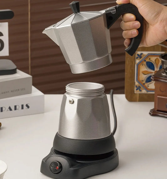 110V/220V Electric Coffee Maker Portable 300ml/3Cups Aluminum Mocha Pot Electric Italian Coffee Maker Percolator for Home Silver