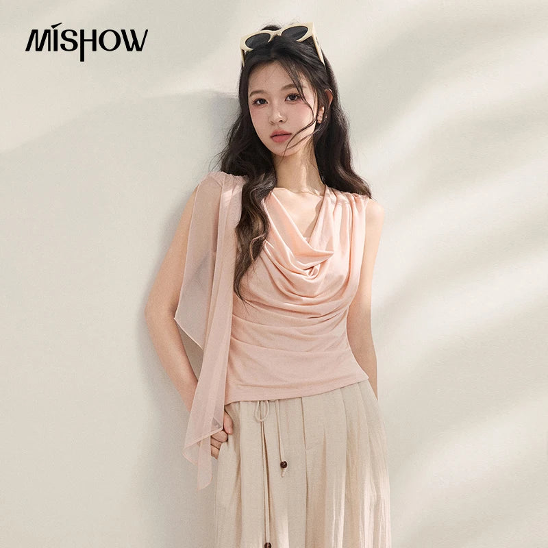 MISHOW Women Draped Cowl Neck Lyocell Knit T-shirt Asymmetrical Chiffon Sash Ruched Tee Casual Slim Fit Summer Tops MXF22T1594