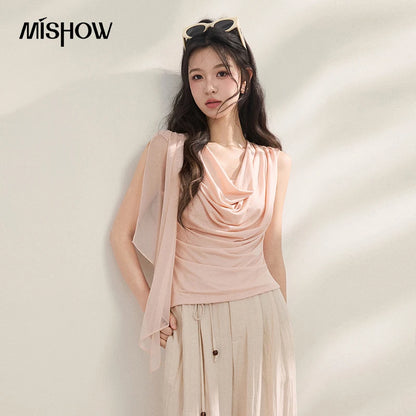 MISHOW Women Draped Cowl Neck Lyocell Knit T-shirt Asymmetrical Chiffon Sash Ruched Tee Casual Slim Fit Summer Tops MXF22T1594