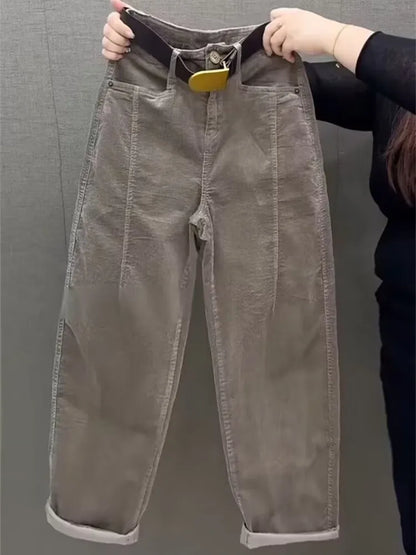 High Waist Cotton Corduroy Harlan Pants Slim Fit Casual Nine Point Knife  Straight Leg Crop Leisure Long Trousers
