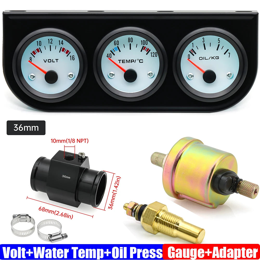 3IN1 Triple Meter Kits Gasoline Car 12V 52mm Voltage+Water Temp+Oil Pressure Gauge with Sensor Radiator Hose Adapter 26MM-40MM