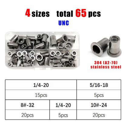 1 Box M3 M4 M5 M6 M8 US Coarse Thread UNC 304 A2-70 Stainless Steel Carbon Steel Aluminum Flat Head Rivet Nut Rivnut Set Kit