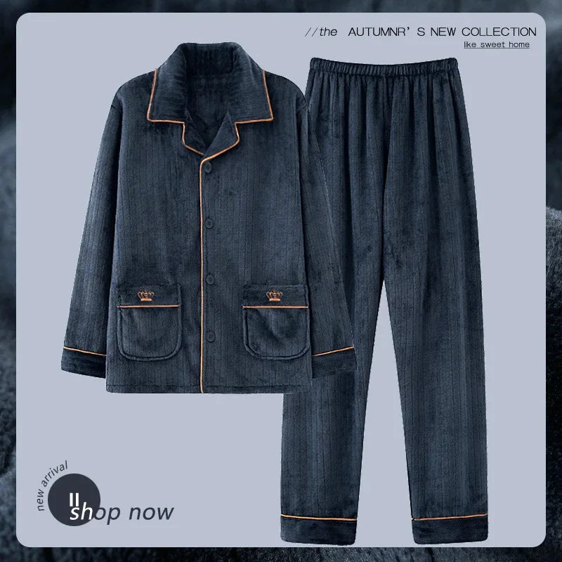 Men's Winter Thickened Fleece Pajamas Coral Velvet Home Clothes Set New Style Long Sleeve Stand Collar Couple's Outfit