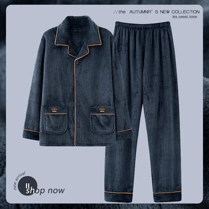 Men's Winter Thickened Fleece Pajamas Coral Velvet Home Clothes Set New Style Long Sleeve Stand Collar Couple's Outfit