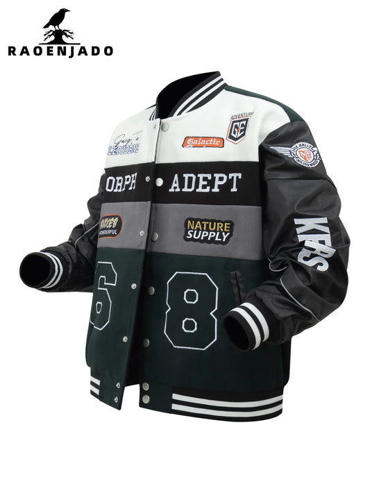 Men's Motorcycle Jacket Color Block Letterman Bomber Coat Race Car Design with Vintage Faux Leather Sleeves for Spring/Autumn