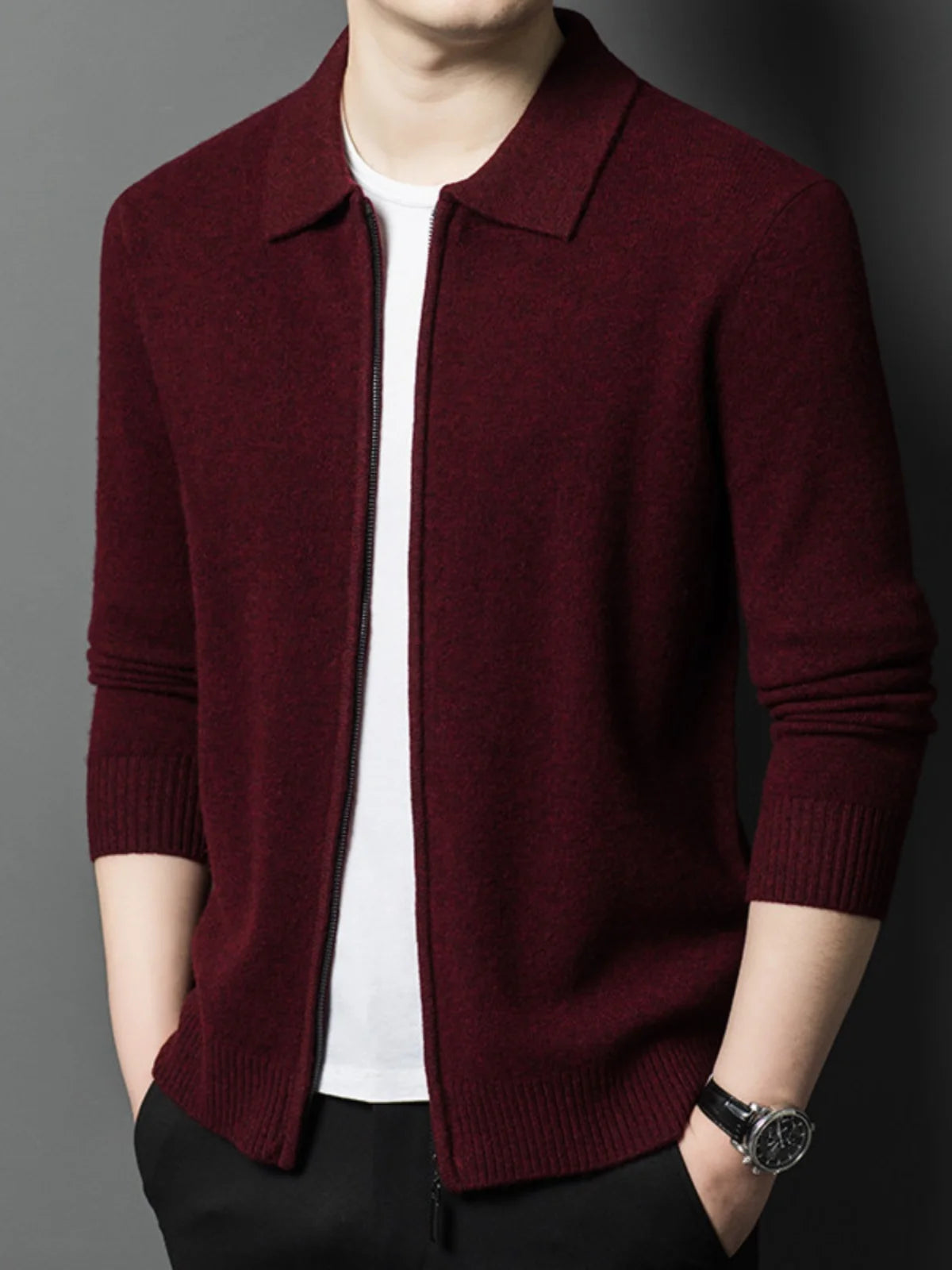 Spring and Autumn Pure Cashmere Cardigan Men's New Casual Lapel Solid Color Zipper Men's Thickened Sweater Jacket