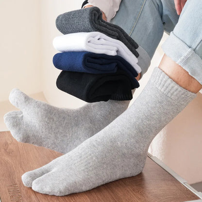 5 Pairs Winter Two Toed Tabi Socks Men's Thicken Warm Solid Color Flip Flops Sock 2 Fingers Casual Mid-tube Cotton Thermal Socks
