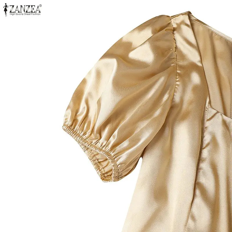 ZANZEA Elegant Chic Women Satin Wedding Guest Party Long Dresses Square Neck Short Puff Sleeve Fitted Waist A-Line Dress S-3XL