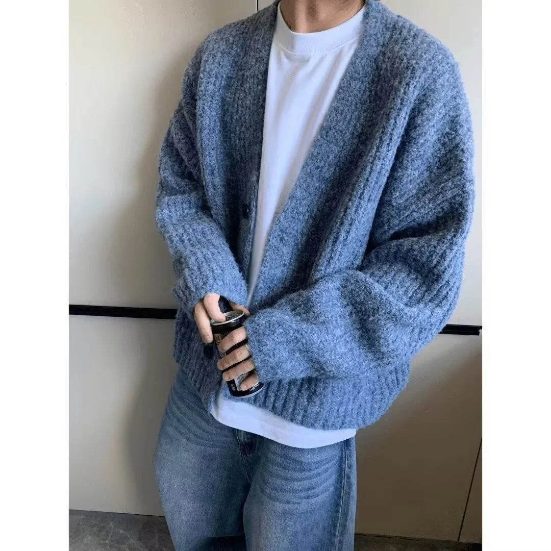 Fashion Autumn Winter Retro Loose Heavy-Weight Mixed-Color Short Wide Thick Thread Knitted Sweaters Cardigans Warm Jackets Men's