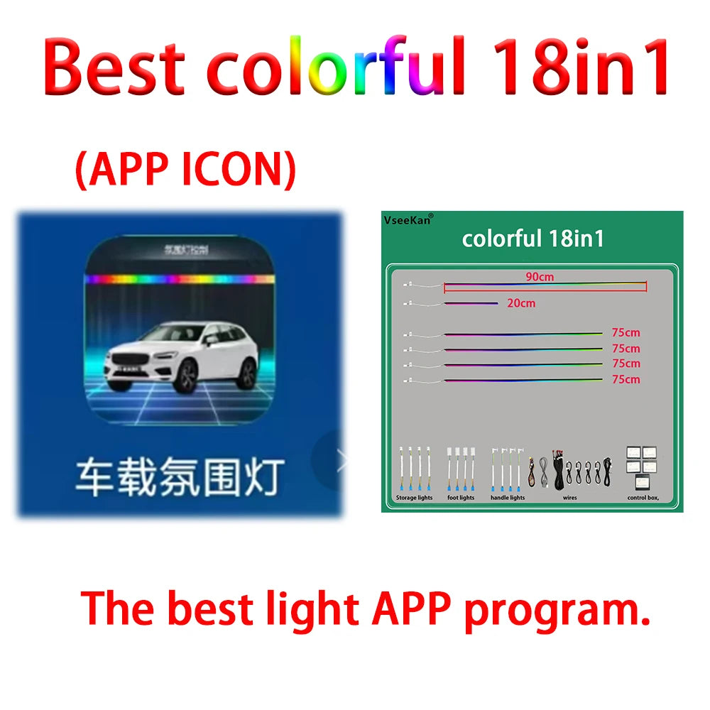 Car Ambient Lighting Kit Interior Light Kit 18 in 1 Dual Zone Symphony LED Neon Acrylic Lights Kit  Mobile app and Key control
