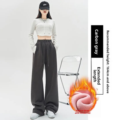 Gray Lamb Velvet Sport Pants Women's High Waist Drapey Fleece Wide Leg Casual Small Size Thickened Cotton Pants