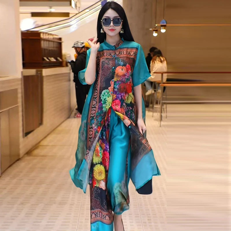 Retro Large Size Floral Print Open Cardigan Loose Wide Leg Pants Ele Faionable Two-Piece Set for Women over 35