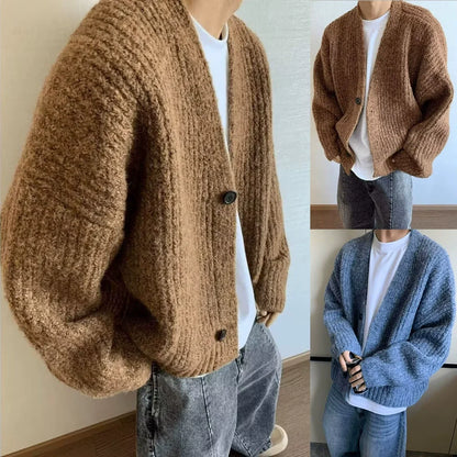 Fashion Autumn Winter Retro Loose Heavy-Weight Mixed-Color Short Wide Thick Thread Knitted Sweaters Cardigans Warm Jackets Men's
