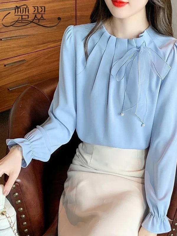 Retro Bow Tie Long Sleeve Shirt Women's Autumn New Design Elegant Top Korean Style Loose Fit round Neck  Color