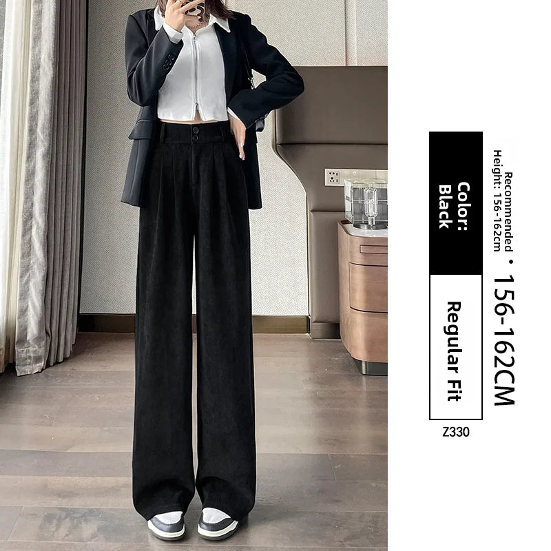 White Corduroy Wide Leg Pants Women's Autumn Winter Slim Straight Drapey Small Size Fleece Lined Suit Trousers