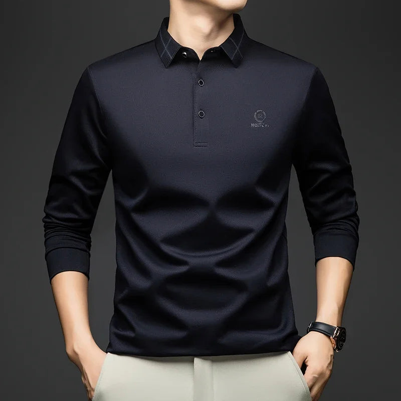 BROWON Polo Shirt for Man 2026 Spring Autumn Men Long Sleeve Polo Shirts Casual Loose Turndown Collar Wool Tops for Man Clothing