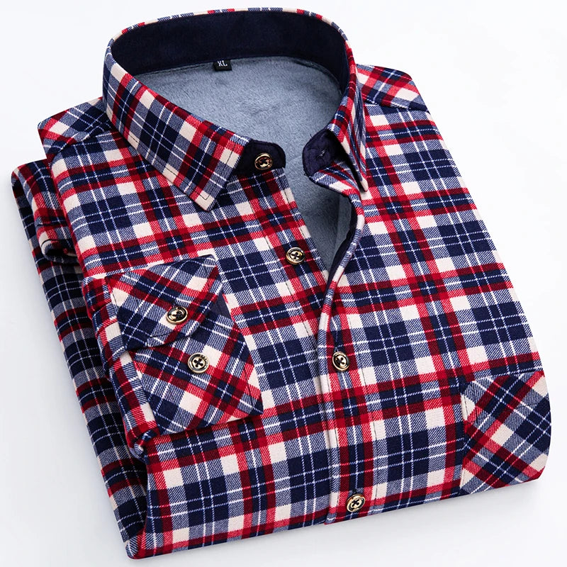 Winter Warm Shirt For Man Thickened Flannel Plaid Casual Menswear Long Sleeve Plus Fleece Big Size Regular Fit Smart Dress Shirt