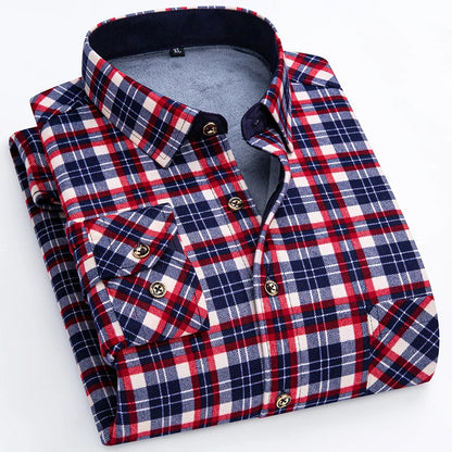 Winter Warm Shirt For Man Thickened Flannel Plaid Casual Menswear Long Sleeve Plus Fleece Big Size Regular Fit Smart Dress Shirt