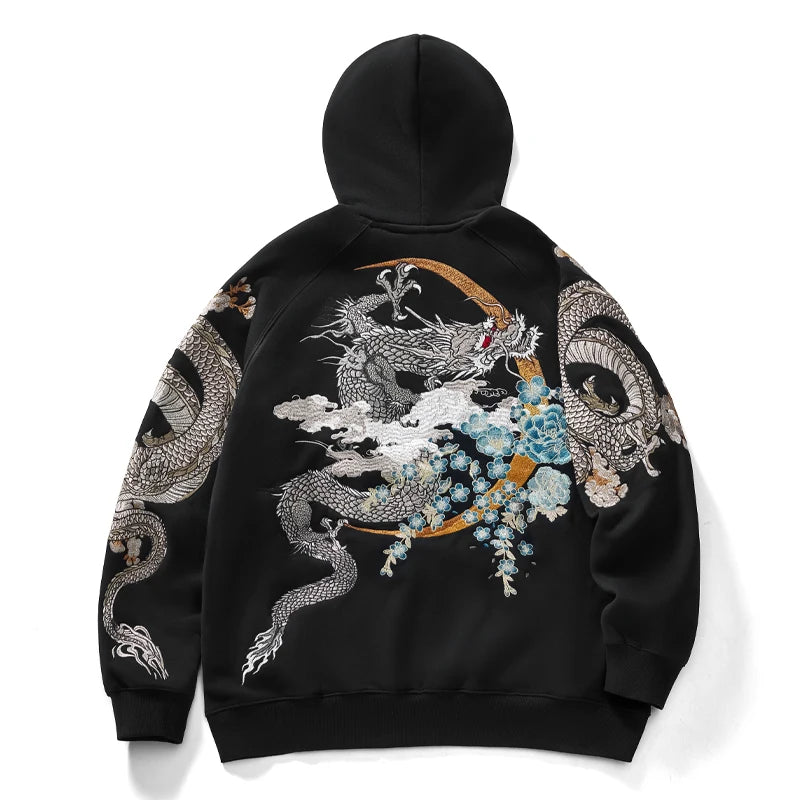 Heavy Embroidery Hooded Sweatshirt Zhurong Double Dragon Men Women Autumn Winter Casual Breathable Zipper Closure Hoodie