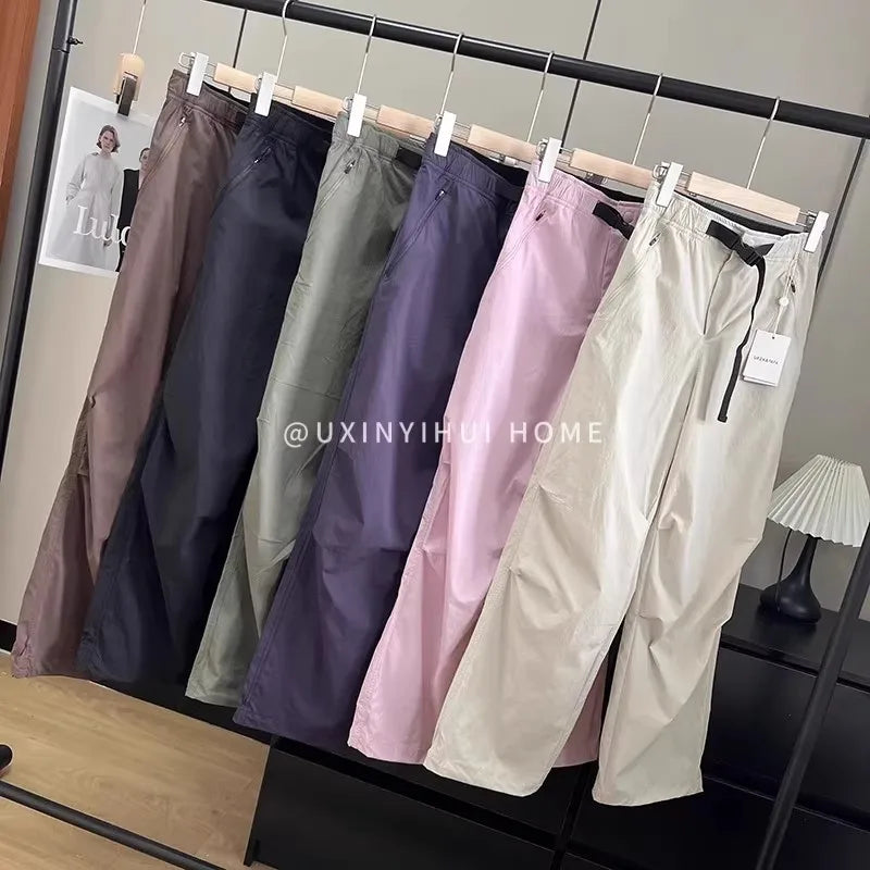 Lightweight Breathable Quick-Dry Paratrooper Pants Women's Casual Loose Fit Sunscreen Waist Cord Trousers Korean Style High W...