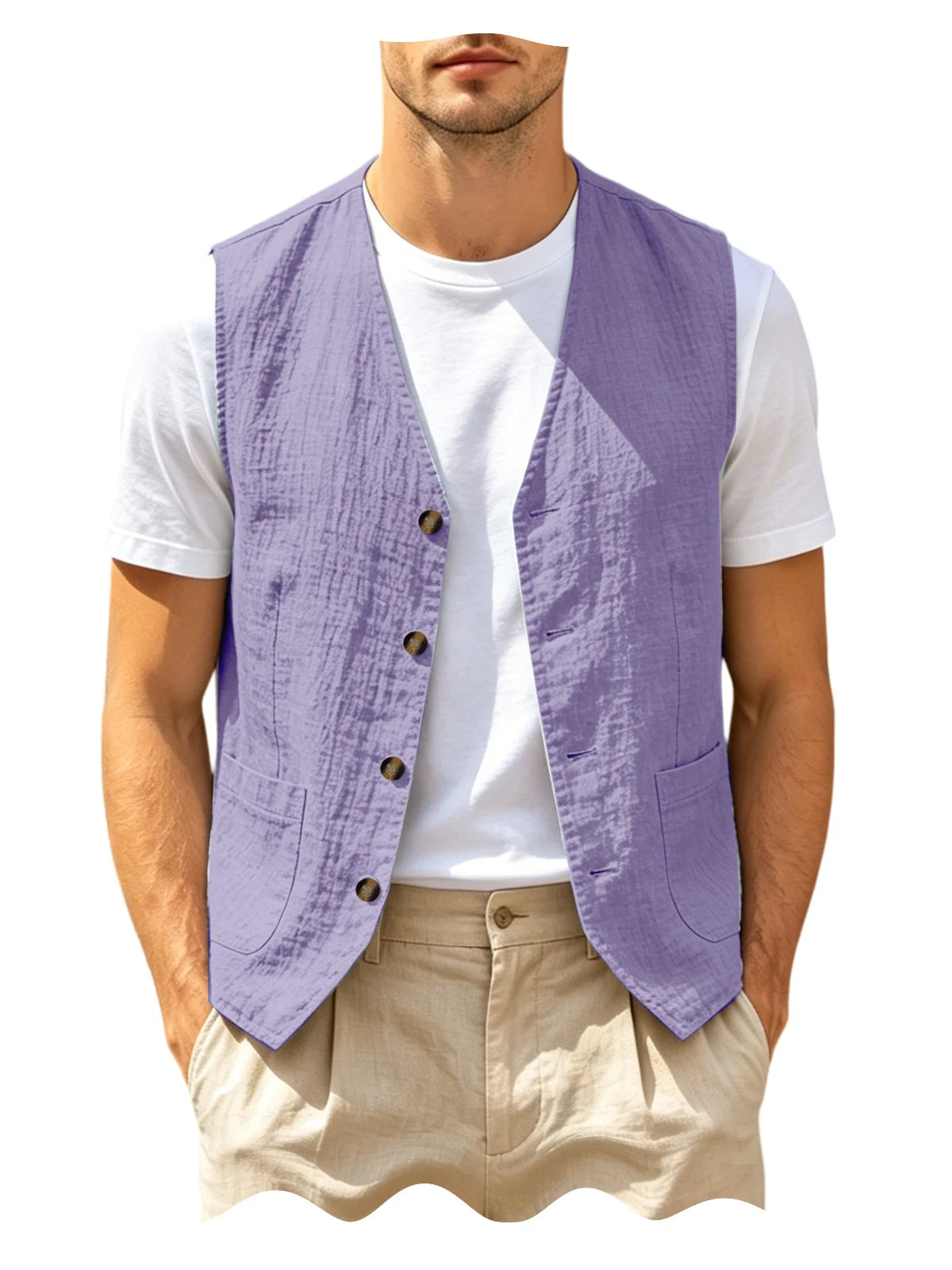 Men's Casual Linen Vest V-Neck Sleeveless Waistcoat Summer Lightweight Breathable Solid Color Button Up Vest For Daily Vacation