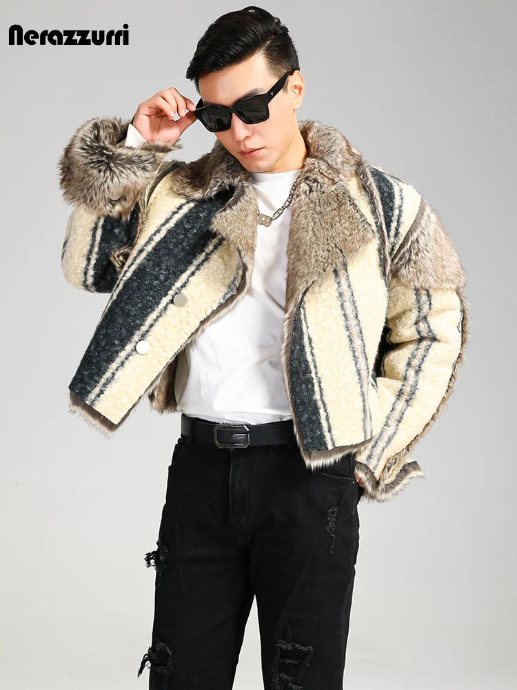 Nerazzurri Winter Short Oversized Thickened Warm Colorful Fluffy Faux Sheepskin Fur Jacket Men Luxury Designer Clothes 2023