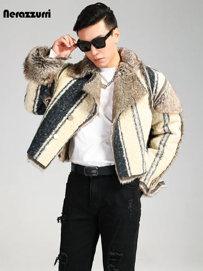 Nerazzurri Winter Short Oversized Thickened Warm Colorful Fluffy Faux Sheepskin Fur Jacket Men Luxury Designer Clothes 2023