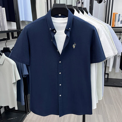 High-end Embroidered Summer 100% Cotton Short-sleeve Shirt for Men, Embroidered Youth Shirt, Business Casual Half-sleeve
