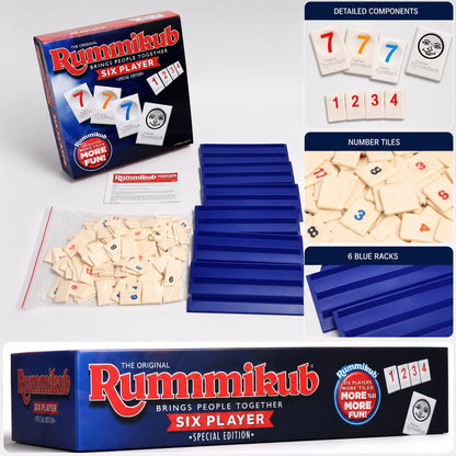 Rummikub Six Player Tile Strategy Board Game with Blue Racks Number Logic Family Party English Version