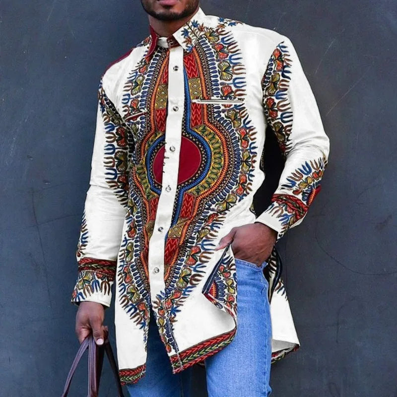 2026 Muslim Tops Men's Ethnic Style Long-sleeved Stand-up Collar Shirts Casual Slim Irregular Hem Blouses Male Morocco Dubai Top