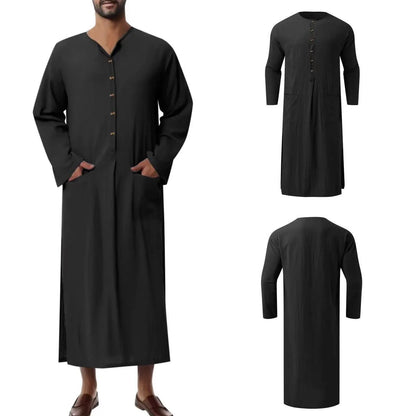 Middle Eastern Mens Thobe Dubai Style Loose Stand Collar Long Sleeve Robe Traditional Islamic Wear