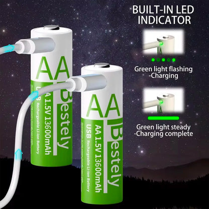 Latest Rechargeable 1.5V AA 13600mAh USB Lithium Battery , Fast Charging Li-ion AA Battery  , 2000 Cycle with USB- C Port Cables