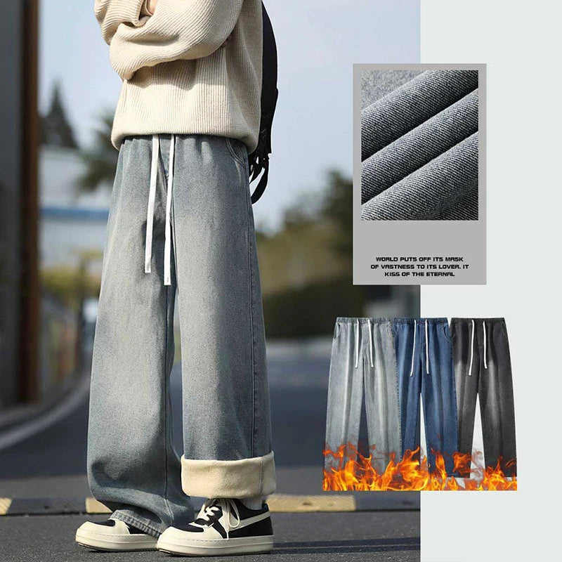 2026 Winter New Men American Retro Denim Trousers Male Simple Elastic Waist Jeans Chic Versatile Thickened Warm Straight Pants