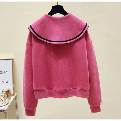 Teenage Girl's Fleece Lined Thickened Navy Collar Sweatshirt Small Size Winter Fashionable Clothing School Sweet Style Zipper