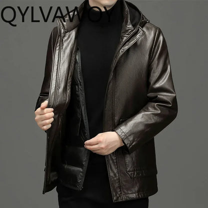 QYLVAWOY Leather Down Jacket Hooded Mid-length 90% White Duck Down Coat Detachable Liner Fashion PU Leather Jackets Man Clothing