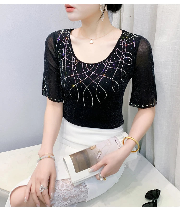 2026 Spring Summer Mesh Tops Korean Fashion Diamond T Shirt Slim 3/4 Sleeve Hollow Out Casual Women Shirt