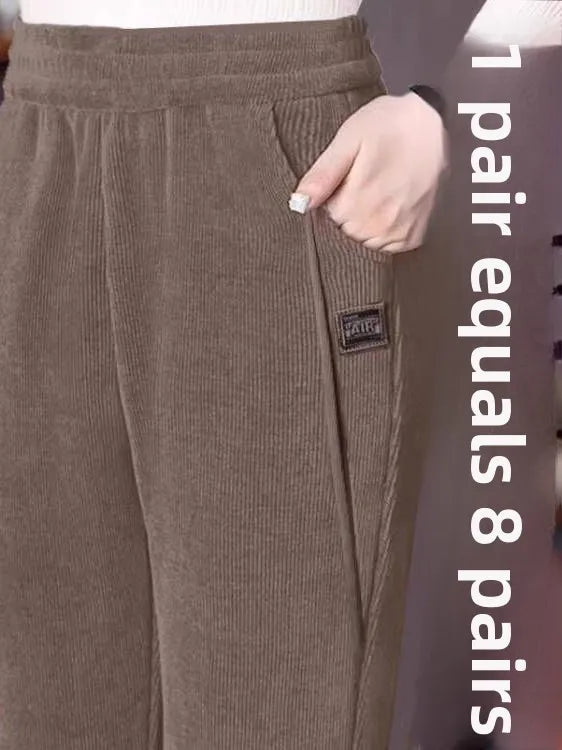 High Waist Thickened Fleece Women's Pants Autumn Winter Casual Loose Mom Pants Harlan Style Pocket Detail Elastic Waist